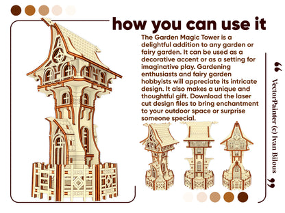 Laser cut plywood garden magic tower design with curved roof, layered windows, and small decorative fence.