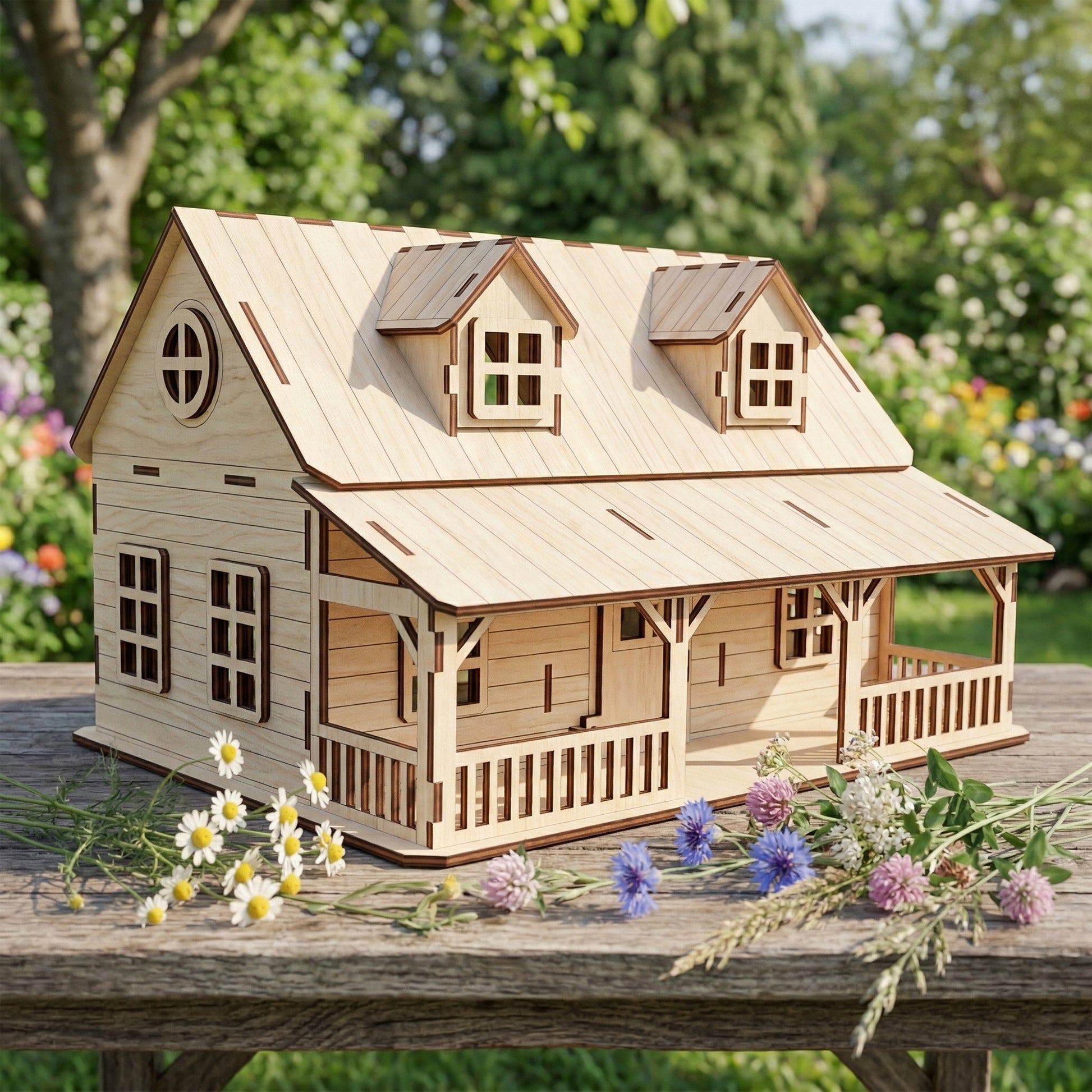 Front view of a laser cut plywood farmhouse dollhouse featuring a detailed porch with railings, two dormer windows, and a round attic window. The light wood model sits on a rustic table with daisies, showing the natural grain and burnt edges.