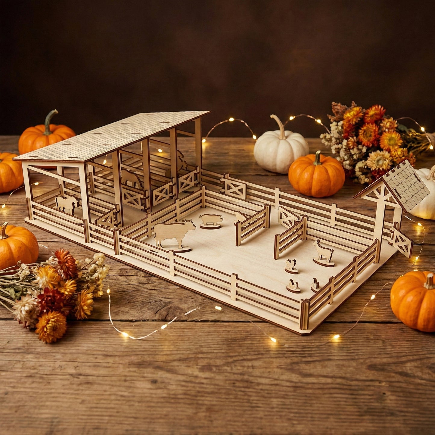 Wide shot of a laser cut plywood toy farm yard. A long stable with open stalls is on the left, connected to a fenced paddock containing small wood cutouts of a cow, pig, and goats. Warm autumn decor and bokeh lights create a cozy atmosphere.
