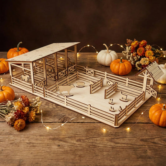 Wide shot of a laser cut plywood toy farm yard. A long stable with open stalls is on the left, connected to a fenced paddock containing small wood cutouts of a cow, pig, and goats. Warm autumn decor and bokeh lights create a cozy atmosphere.