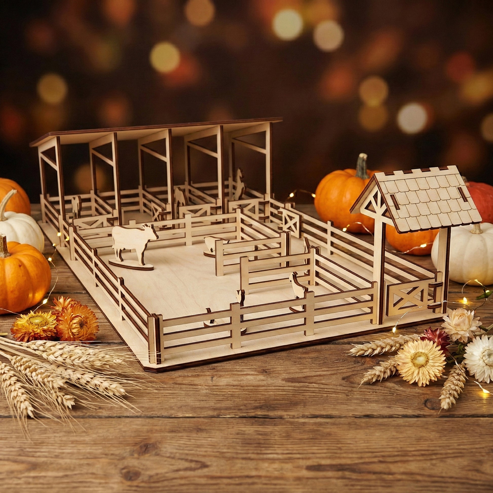 Close-up of the laser cut plywood farm yard showing the interlocking fence pieces and a wooden cow figurine. A stable with four stalls stands in the background. The scene is styled with wheat stalks, dried flowers, and glowing string lights.