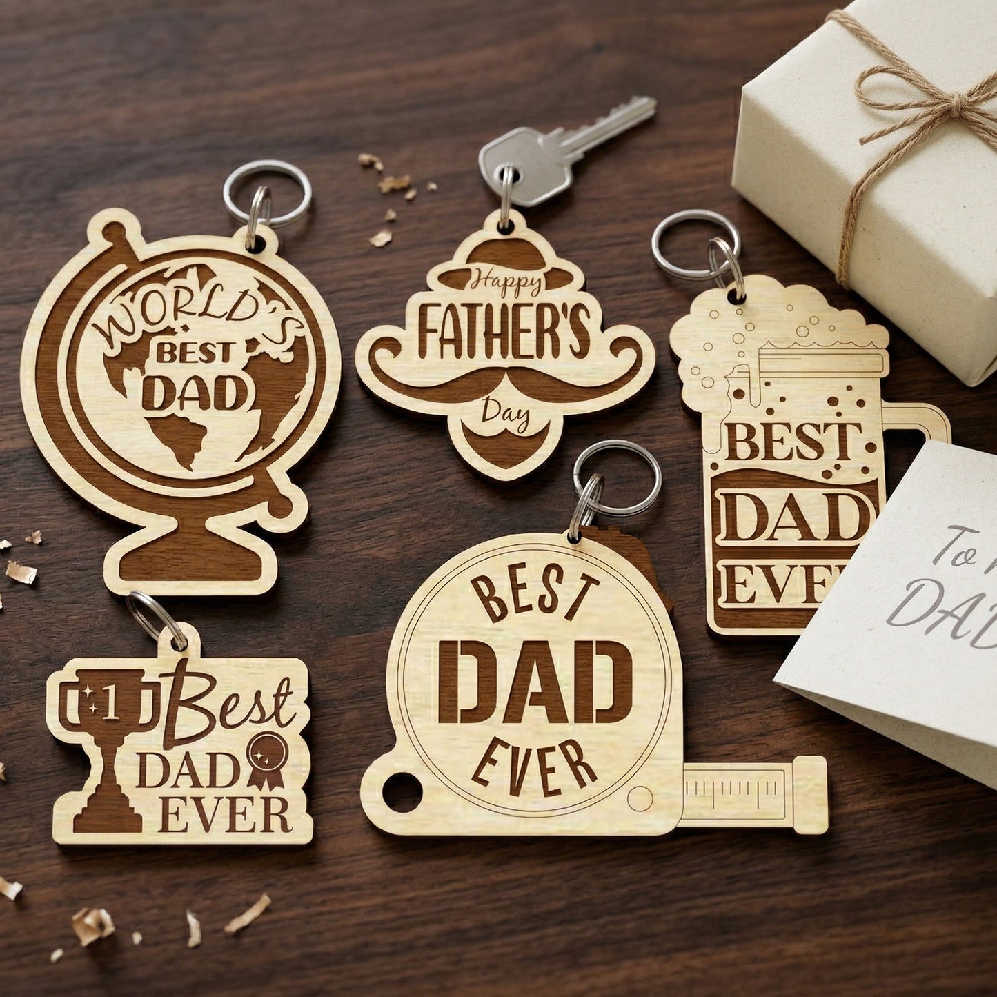 Close-up of finished Father's Day keychains crafted from laser-cut plywood. Charms shaped like a globe, tape measure, beer mug, and trophy are shown with metal split rings and a key, highlighting the natural wood texture and precision etching.