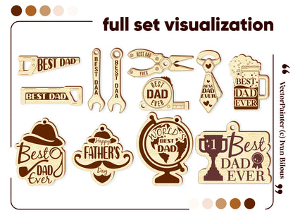 Full set of Father Day keychains, laser-cut from plywood - 12 unique designs