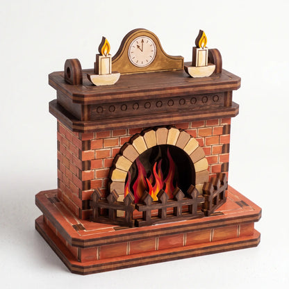 Painted 3D laser cut plywood fireplace model with mantle clock, candles, and hearth fence against plain white background.
