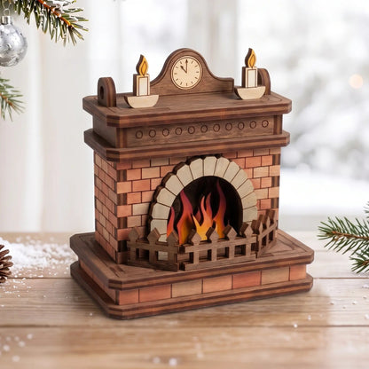 Cozy laser cut plywood holiday fireplace figurine with warm painted details on wooden table with pinecones and snowfall.