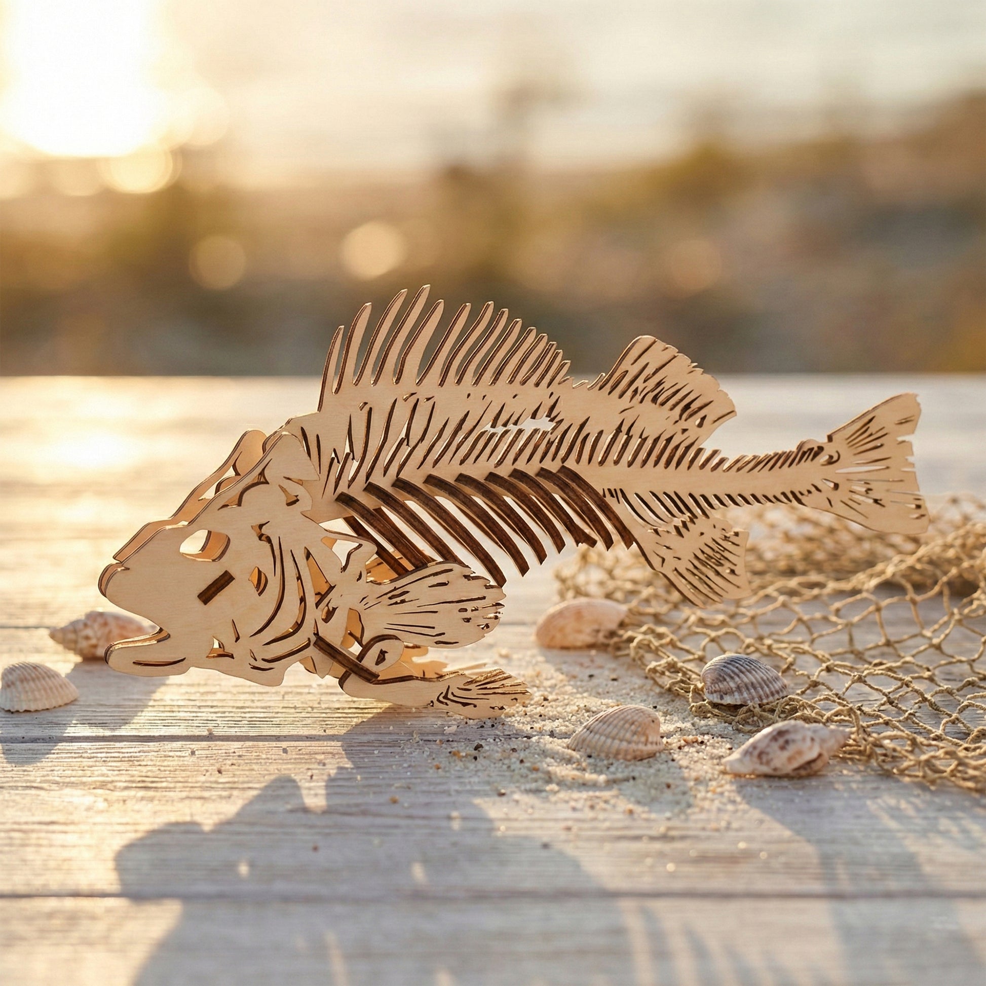 An intricate fish skeleton model made of laser cut plywood, resting on a white wooden surface with seashells and a fishing net. The 3D anatomical design highlights precise ribs and fins against a warm sunset beach background.