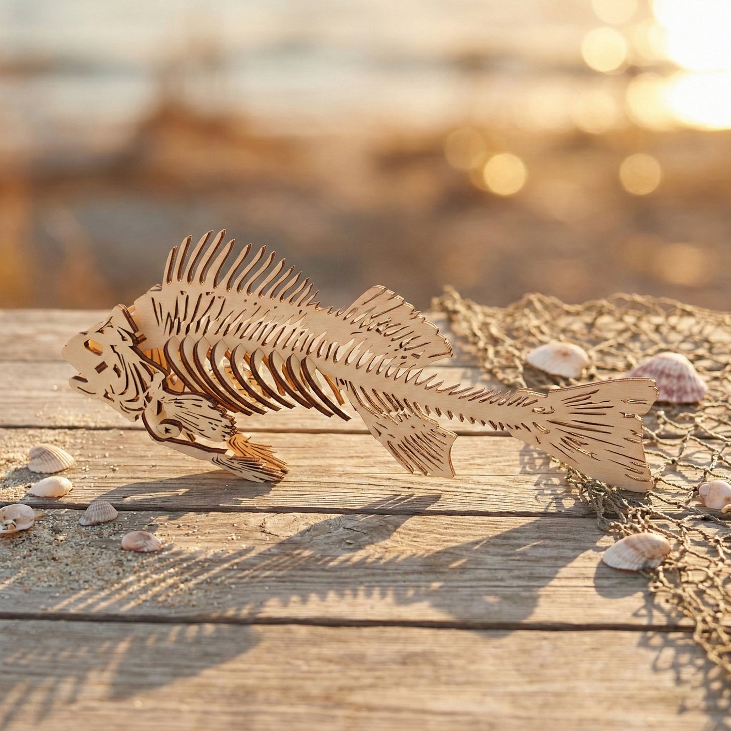 Side view of a 3D fish skeleton crafted from laser cut plywood. The layered wood construction shows fine detail in the skull and spine. Displayed outdoors on rustic wood with sand and shells, emphasizing its natural birch texture.