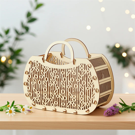 Laser cut plywood wooden handbag-shaped floral basket with intricate organic pattern on the front and slatted sides, sitting on a light wood surface with real flowers and blurred bokeh background.