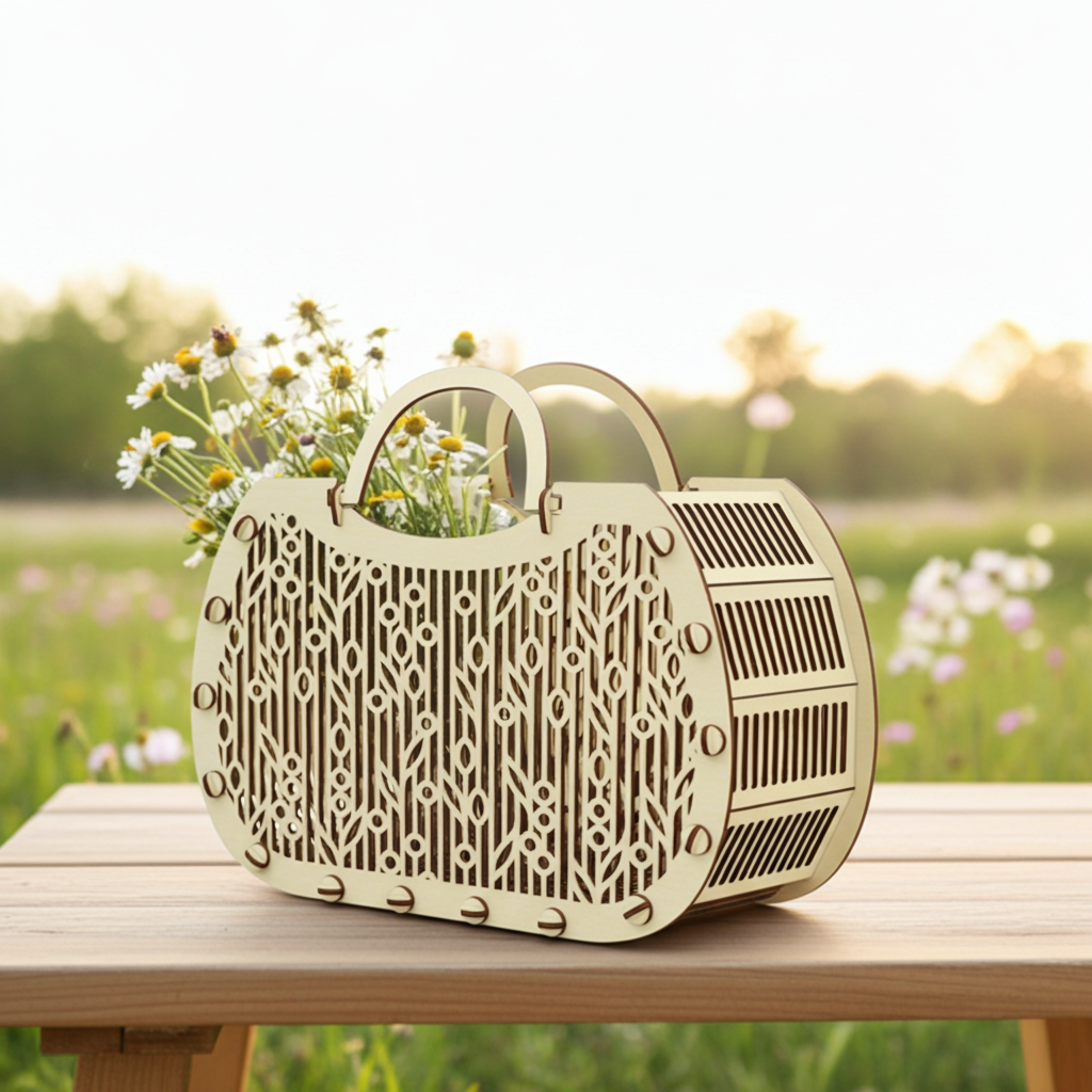 Laser cut plywood wooden handbag-shaped floral basket with intricate organic pattern on the front and slatted sides, sitting on a light wood surface with real flowers and blurred bokeh background.