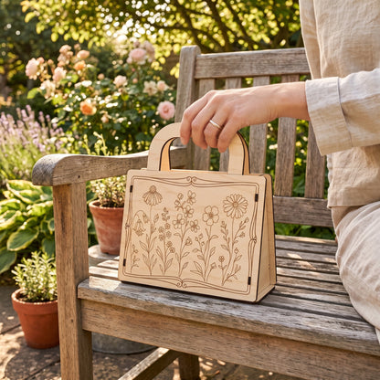 A person holding a decorative laser cut plywood floral gift bag on a wooden garden bench.