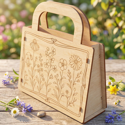 Laser cut plywood floral gift bag featuring engraved wildflower designs, displayed on a wooden surface outdoors.