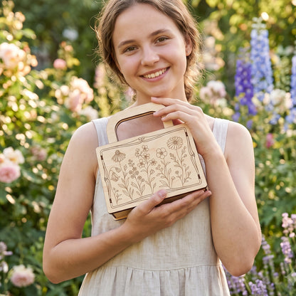 A smiling woman holding a laser cut plywood floral gift bag in a garden filled with blooming flowers.