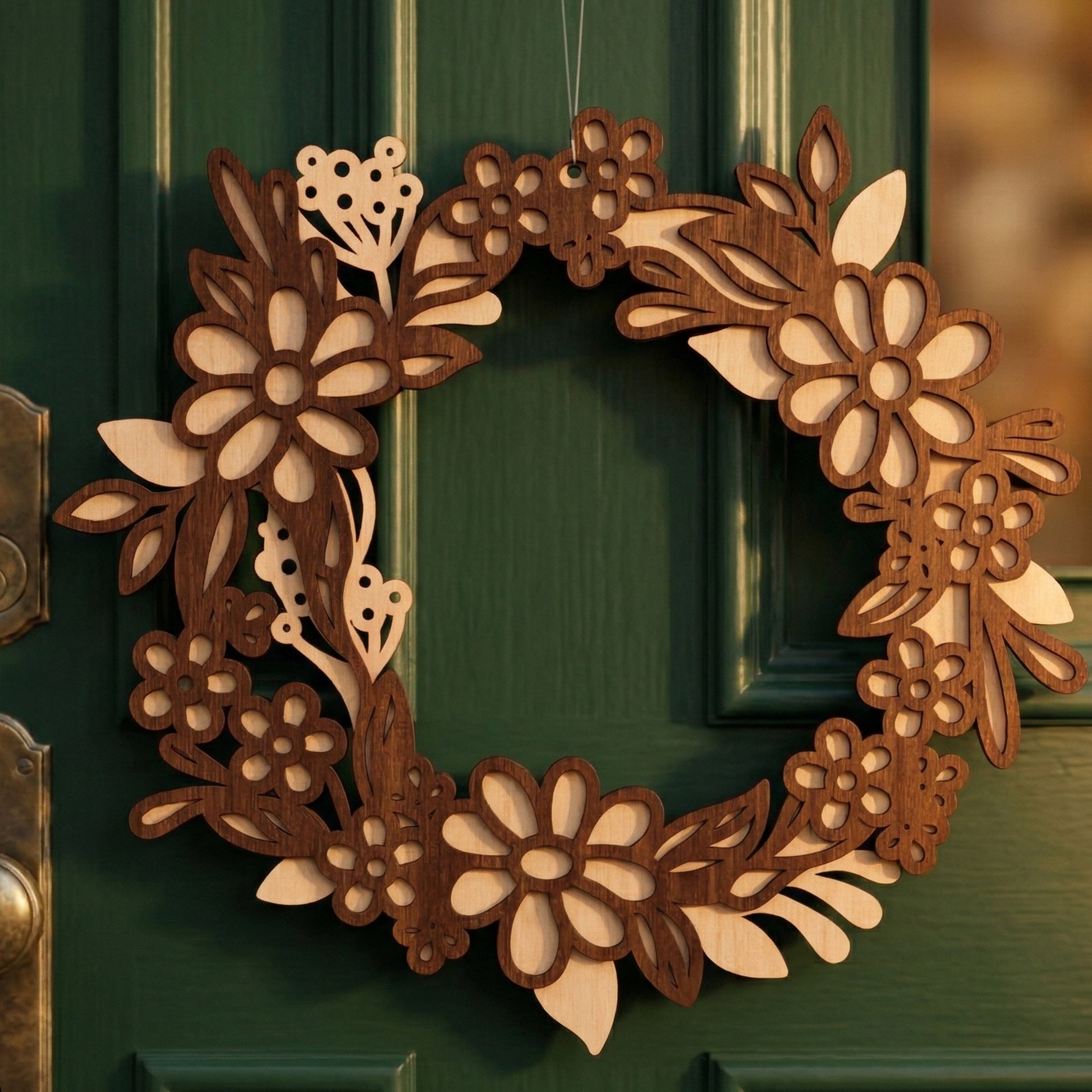 A handcrafted layered laser-cut plywood floral wreath hanging on a dark green door. The spring-themed design features intricate daisies and leaf patterns in contrasting light and dark wood tones. Warm natural light highlights the wood grain and the 3D depth of the piece.