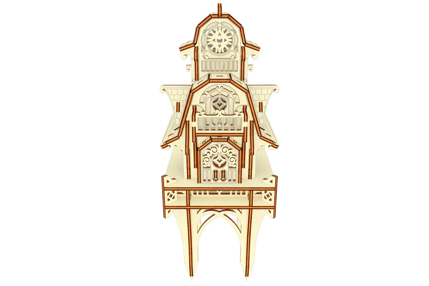 Symmetrical front angle render of the decorative garden elf home template, made of natural laser cut plywood plates.