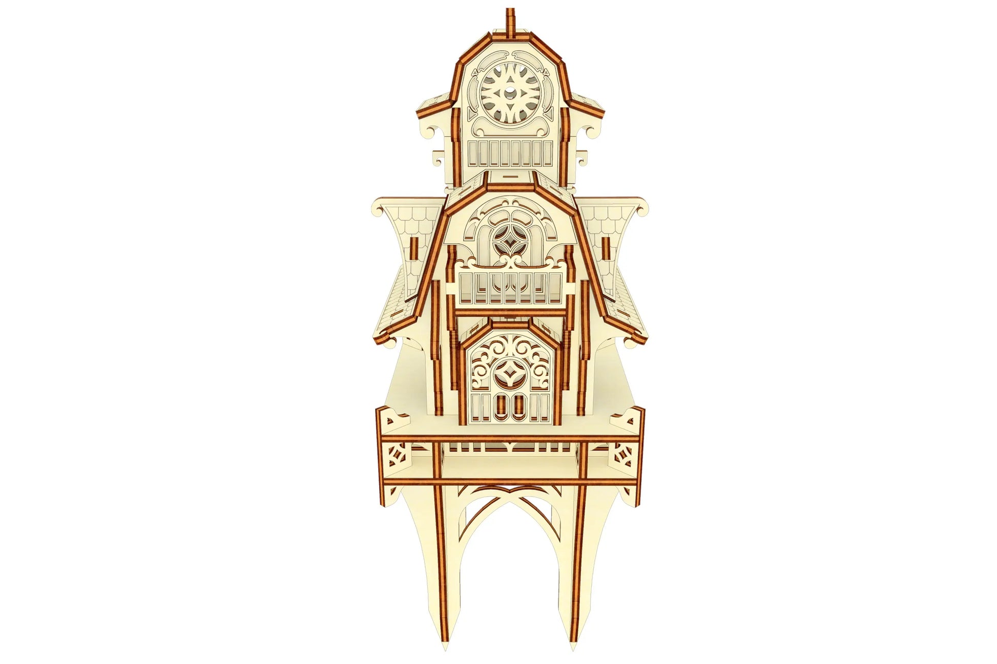 Symmetrical front angle render of the decorative garden elf home template, made of natural laser cut plywood plates.