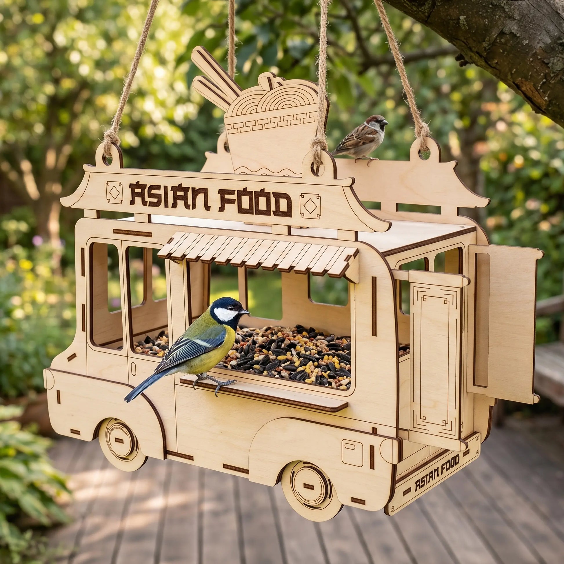 Wooden bird feeder shaped like an Asian food truck with a bird perched on it, set against a natural background.