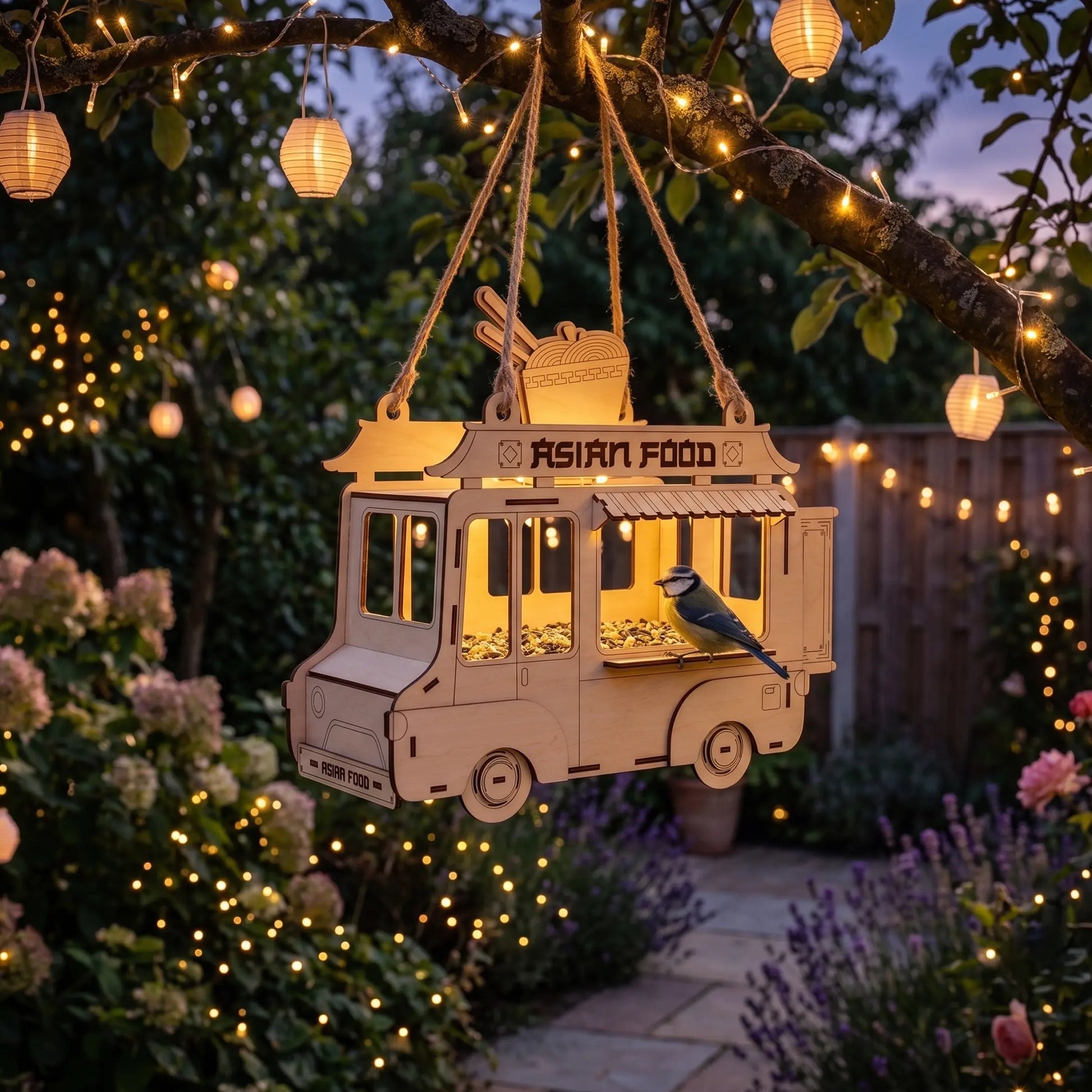 Decorative Asian food truck birdhouse hanging from a tree with string lights in a garden.