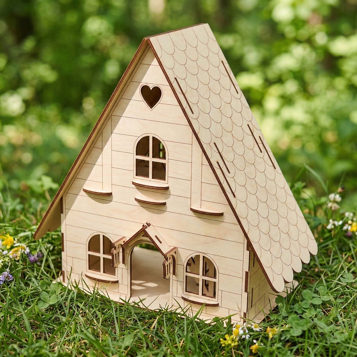 Whimsical A-frame forest dollhouse made from laser cut plywood. Features a scalloped roof, heart cutout, and arched double doors. Placed on green grass in a sunny garden. Natural light wood finish with dark burnt edges.