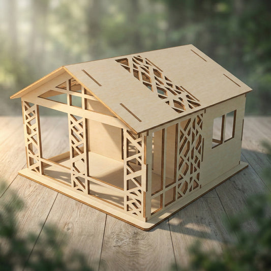 Ground floor of a laser cut plywood forest house featuring wide arched openings and decorative tree-like silhouettes. The image highlights the precise interlocking joints and the clean, smooth edges of the natural plywood pieces.