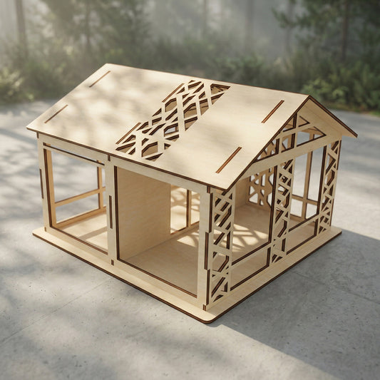 Side profile of the wooden dollhouse showing the intricate "forest" wall design. Made from light-colored laser cut plywood, the piece features organic branch shapes that create a dappled light effect inside the miniature rooms.