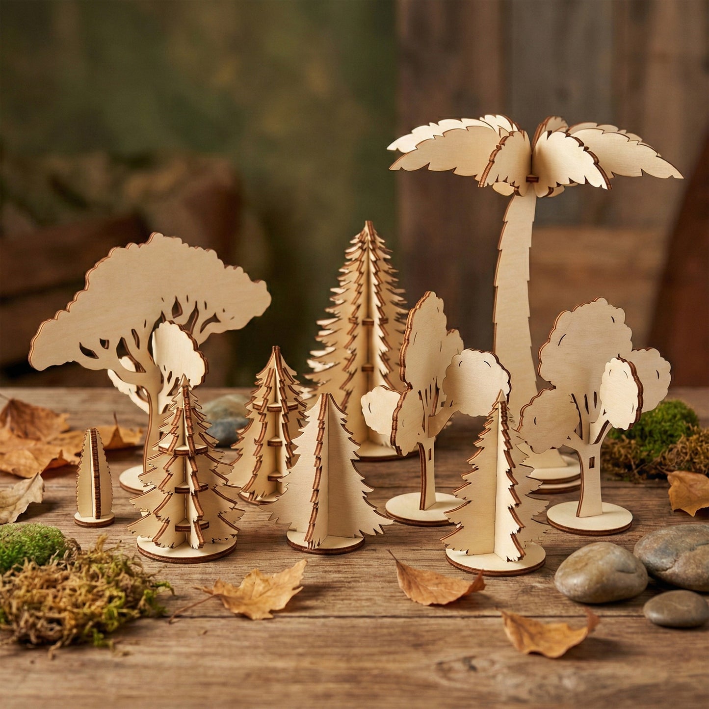 A diverse set of miniature trees made of laser cut plywood, including pines, oaks, and a tall palm tree. Arranged on a rustic wooden surface with moss, stones, and autumn leaves, showcasing the natural birch wood grain and clean edges.