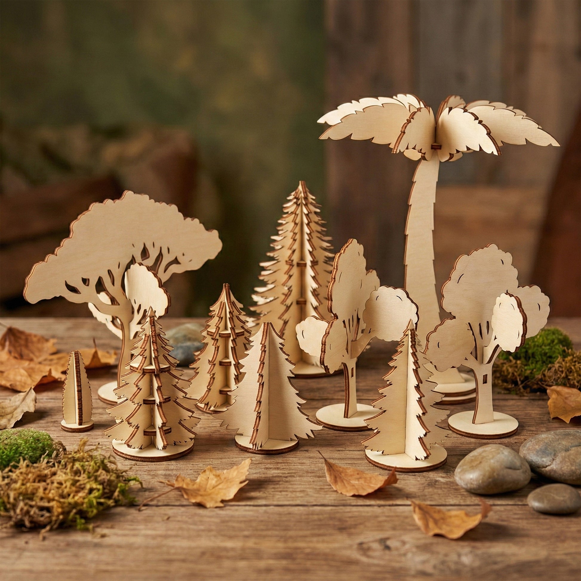 A diverse set of miniature trees made of laser cut plywood, including pines, oaks, and a tall palm tree. Arranged on a rustic wooden surface with moss, stones, and autumn leaves, showcasing the natural birch wood grain and clean edges.