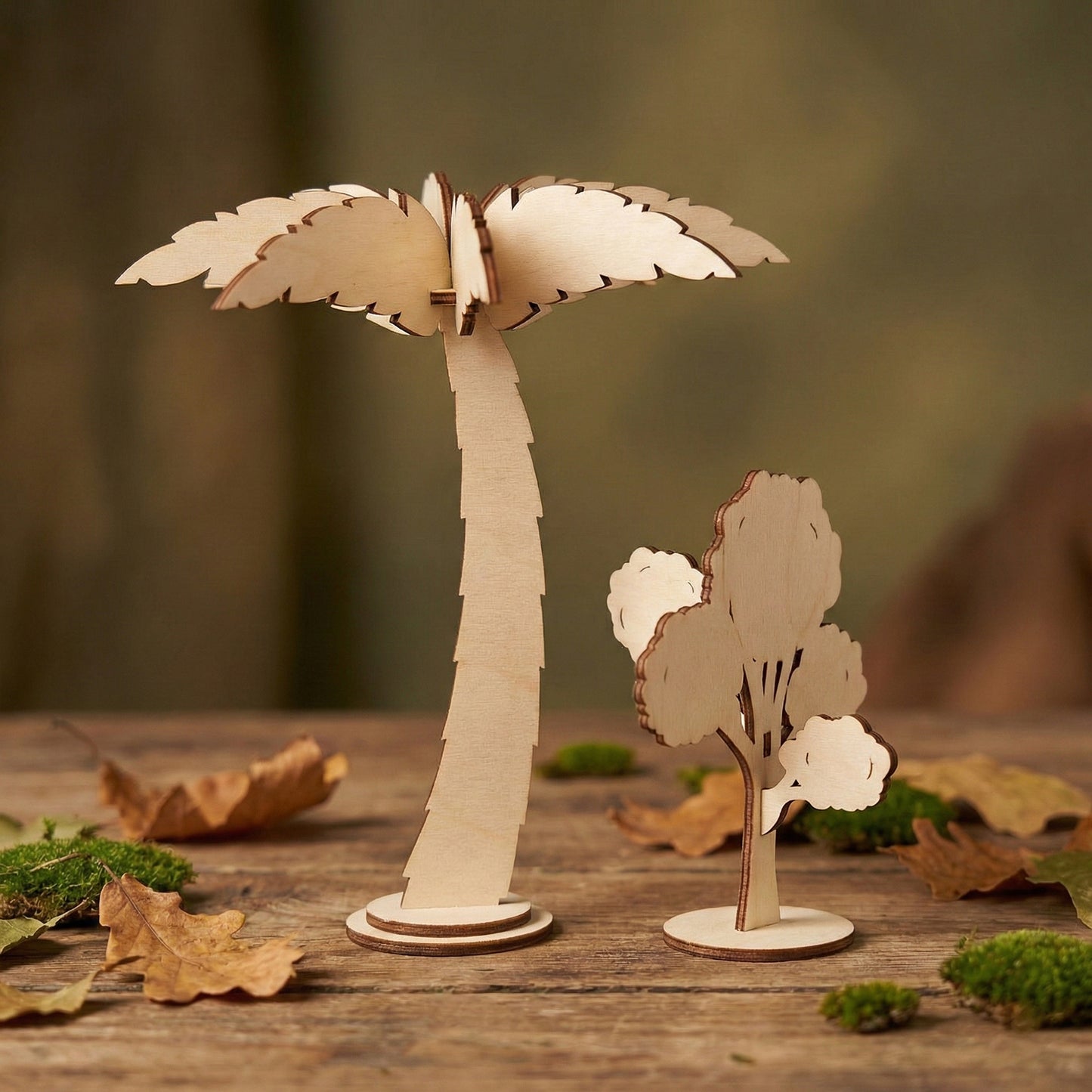 Two distinct trees from the collection: a tall palm tree and a smaller leafy tree, both made of laser cut plywood. The interlocking 3D design shows high-quality craftsmanship, standing on a wooden table with scattered oak leaves.