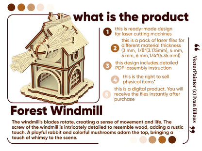 Descriptive product details marketing infographic containing a features list for a 3D windmill made of laser cut plywood.