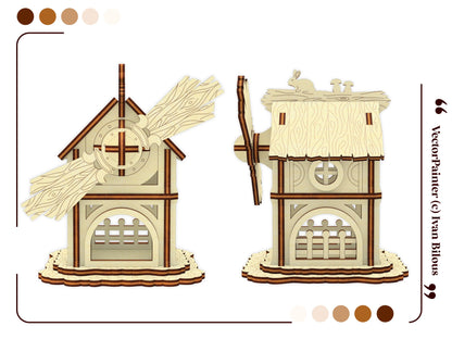 Official template mockup infographic displaying flat isolated front and side profiles of a laser cut plywood forest windmill.