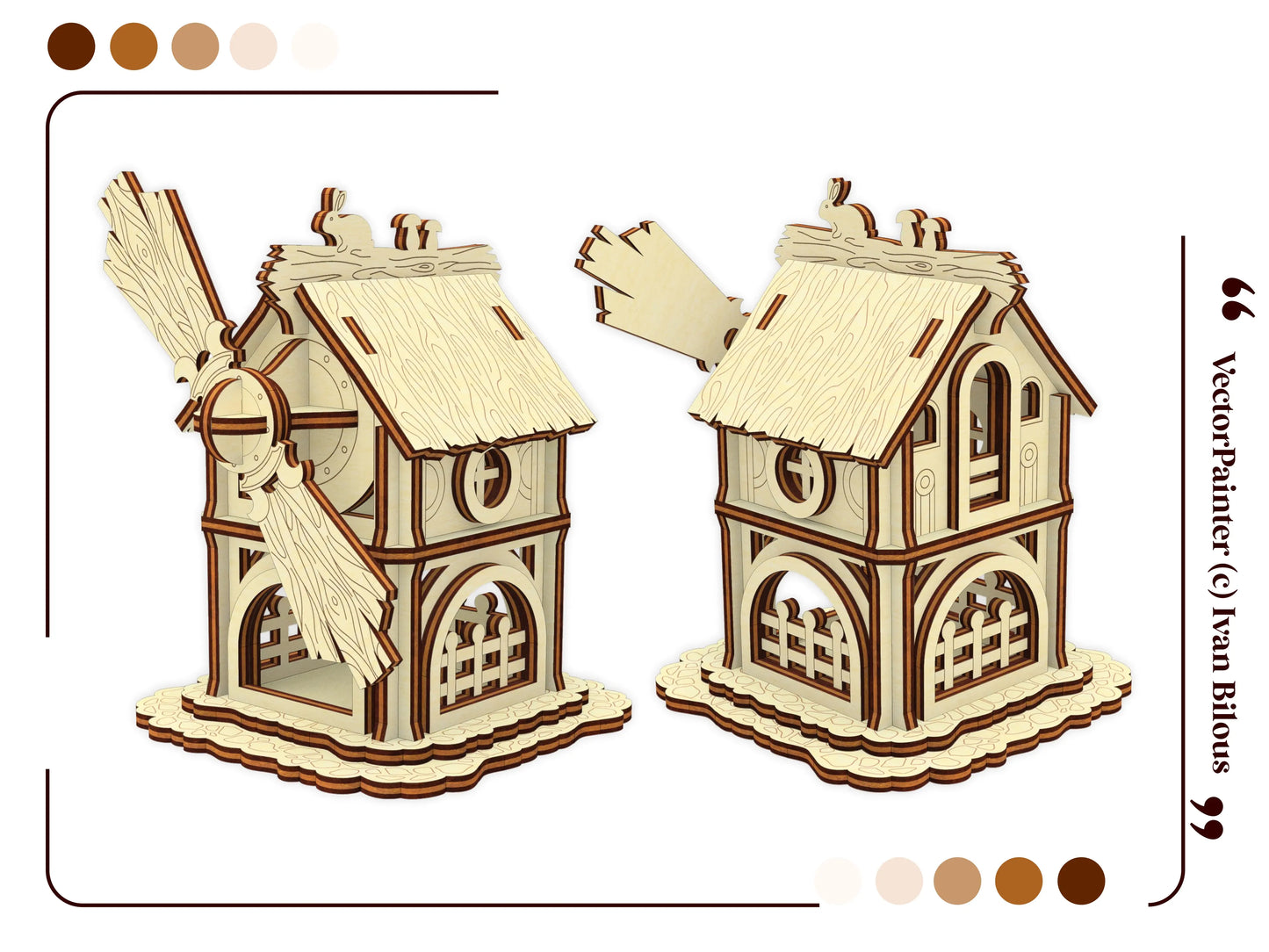 Decorative white frame template graphic showcasing both front and back views of a forest windmill made of laser cut plywood.