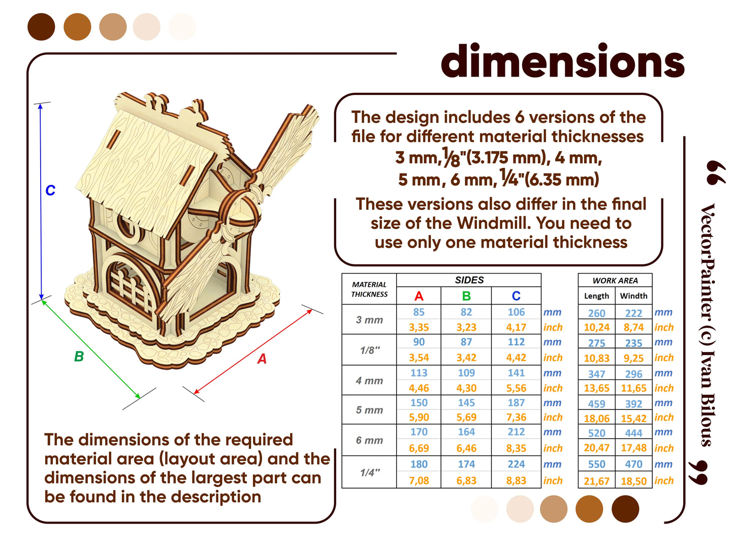 Official technical dimension guide infographic layout with an exact size chart table for a 3D laser cut plywood windmill.