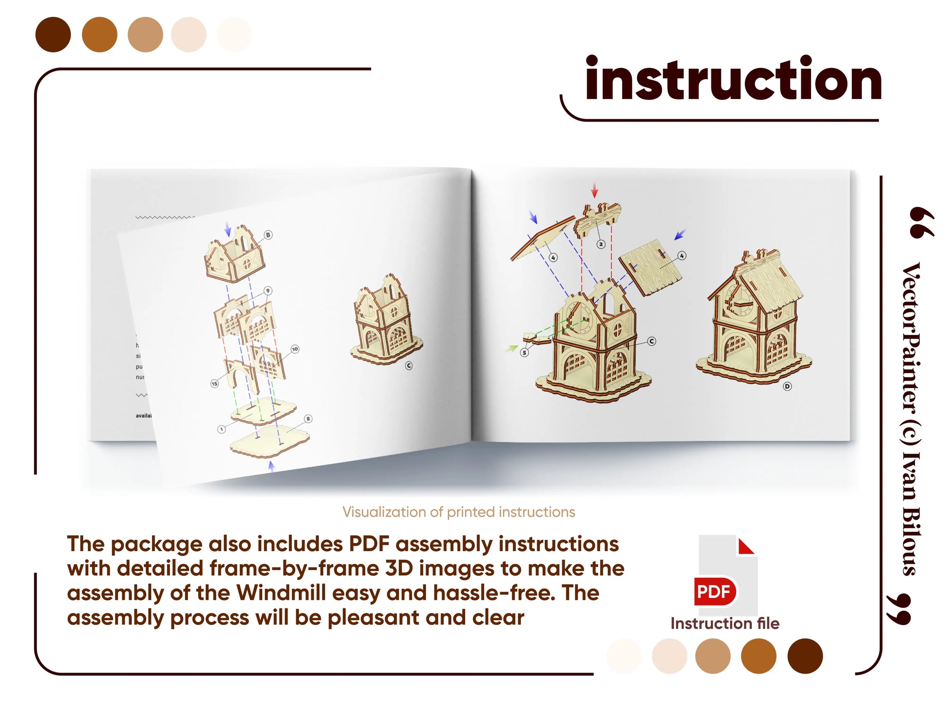 An open assembly instruction manual booklet with detailed step-by-step 3D diagrams for a laser cut plywood village windmill.