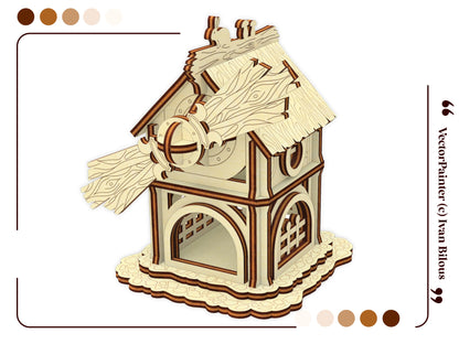 Clean angled perspective template mockup of an assembled 3D miniature forest windmill toy crafted from laser cut plywood.