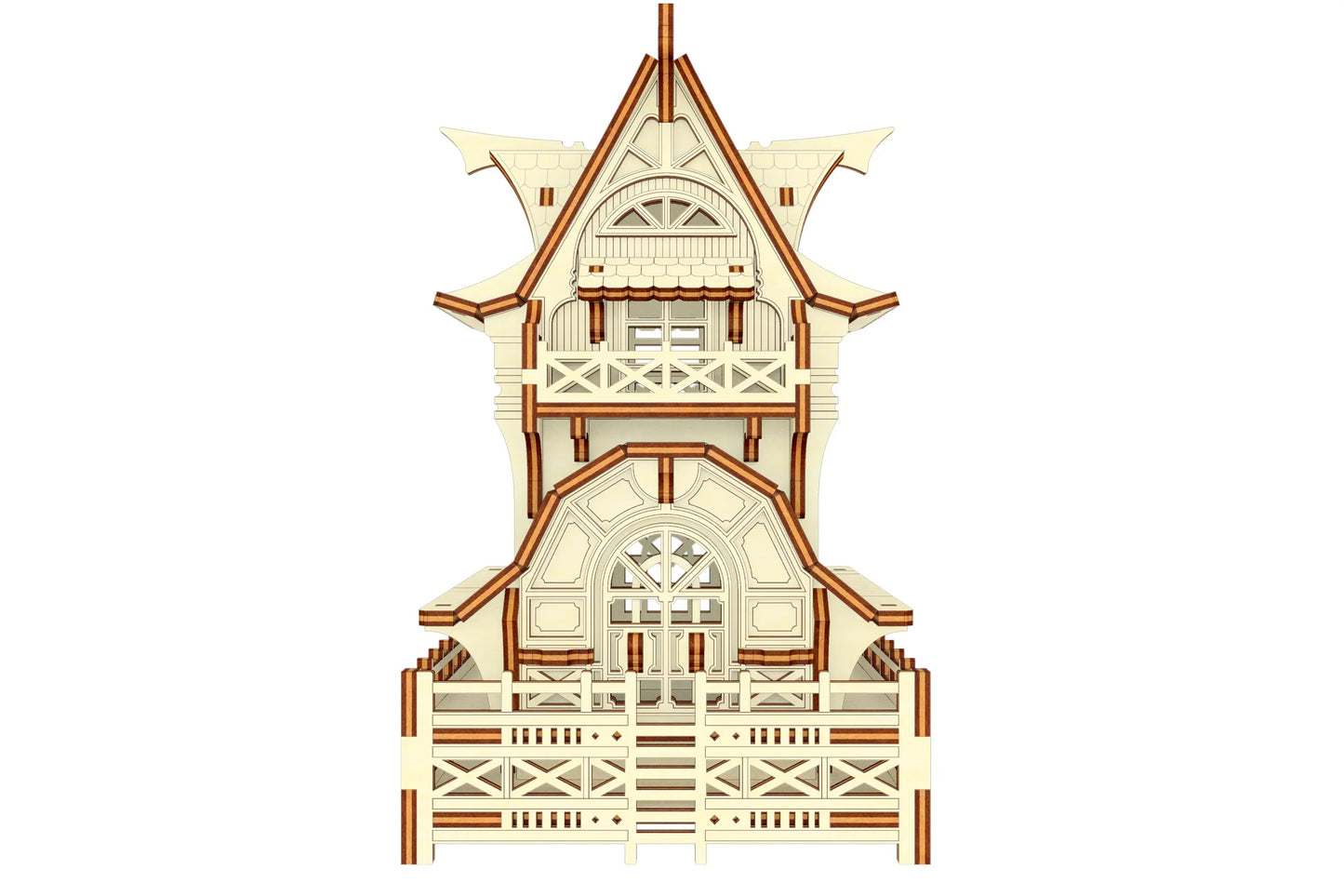Laser cut wooden model of a Garden Gnome House, showcasing intricate details and multiple layers.