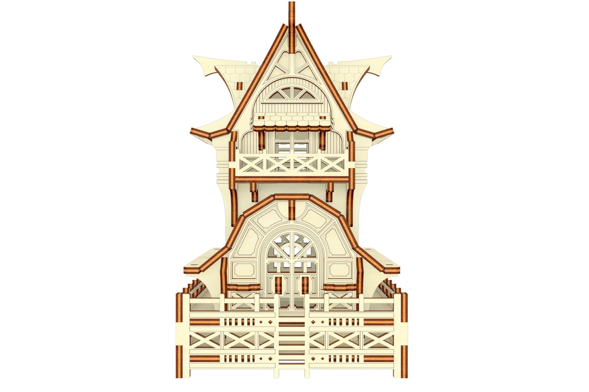 Laser cut wooden model of a Garden Gnome House, showcasing intricate details and multiple layers.