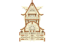 Load image into Gallery viewer, Laser cut wooden model of a Garden Gnome House, showcasing intricate details and multiple layers.
