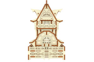 Laser cut wooden model of a Garden Gnome House, showcasing intricate details and multiple layers.