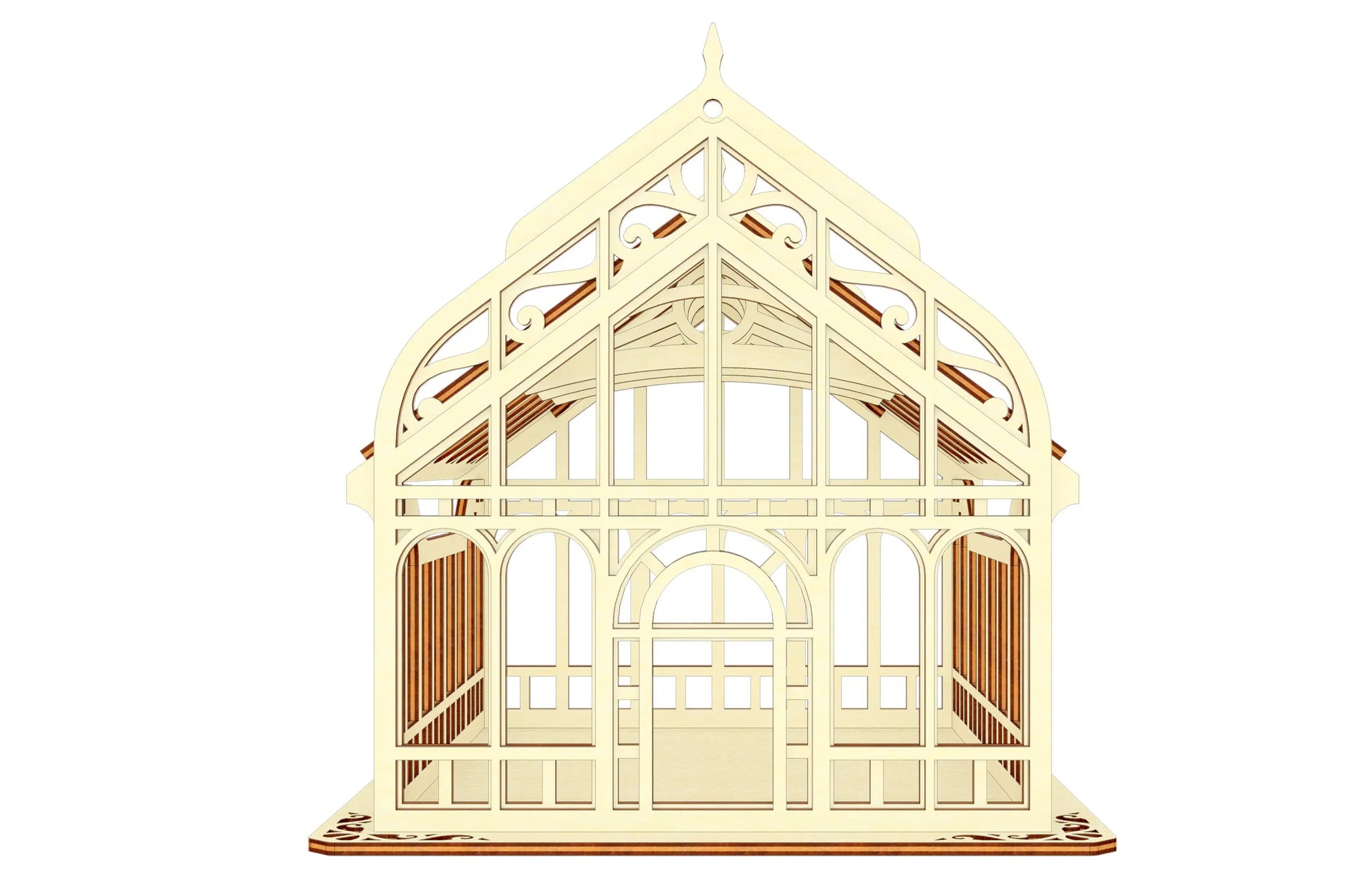 Flat front view graphic of a miniature arched Gothic greenhouse frame template made for laser cut plywood sheets.