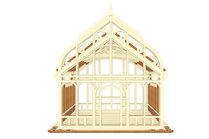 Laser cut file of Victorian-style greenhouse, perfect for growing microgreens or using as storage box - front view.