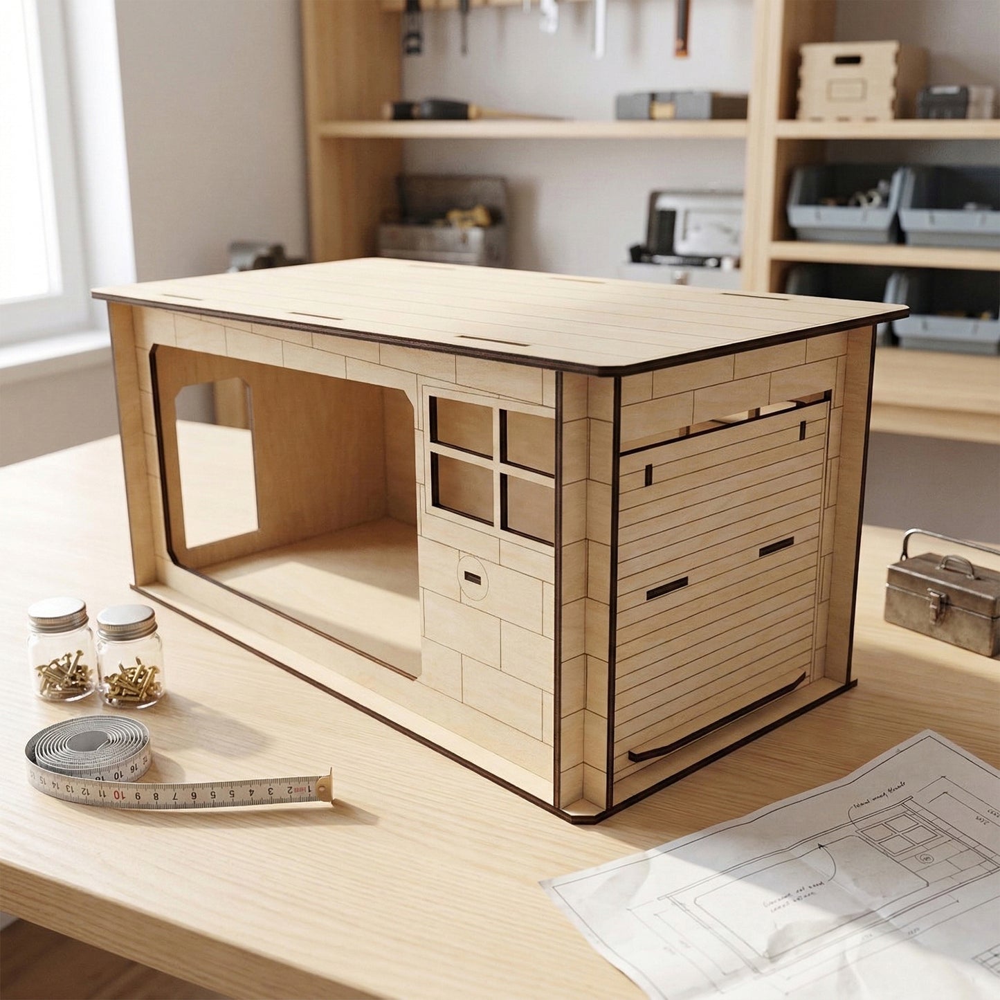 A laser cut plywood garage model with a closed door and window sits on a wooden workbench. Beside it are blueprints, a tape measure, and small jars of screws. The natural wood features dark, precise burnt edges from the laser cutting.