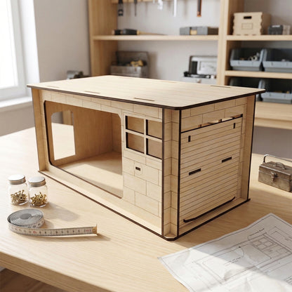 A laser cut plywood garage model with a closed door and window sits on a wooden workbench. Beside it are blueprints, a tape measure, and small jars of screws. The natural wood features dark, precise burnt edges from the laser cutting.
