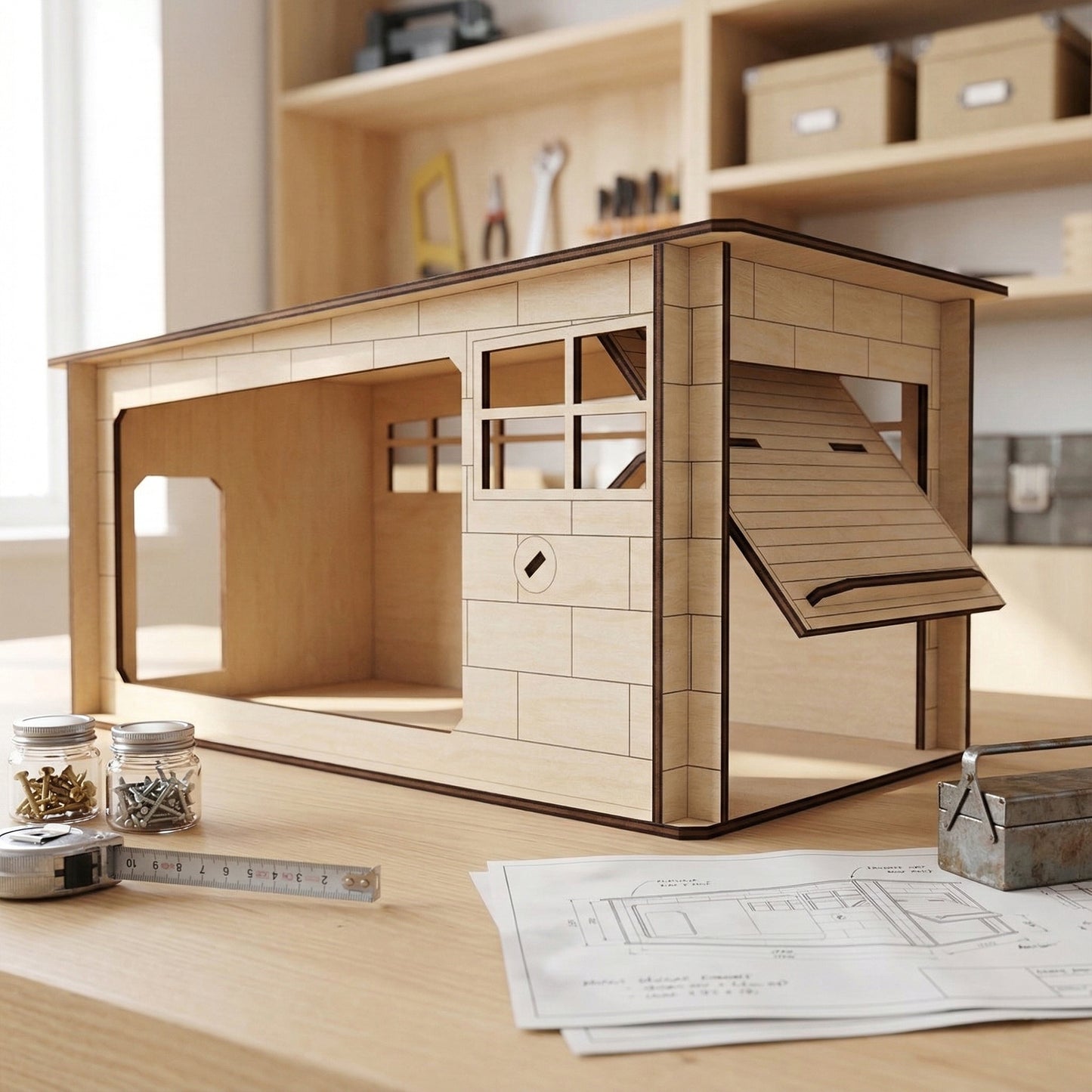 Laser cut plywood garage model with its tilt-up door partially open. The structure features etched brick patterns and a small window. It is shown on a desk next to a metal toolbox and measuring tape, highlighting the scale of the miniature.