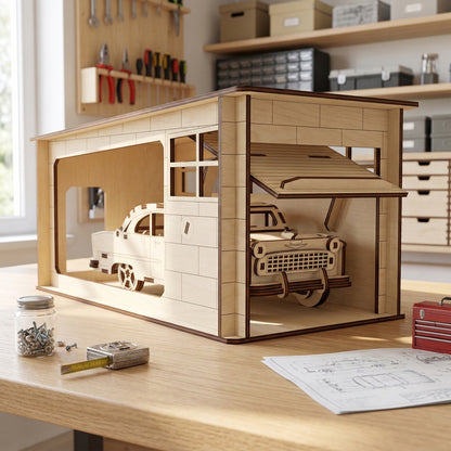 Detailed laser cut plywood garage with the door fully raised, revealing a matching vintage-style model car inside. The scene is set in a workshop with tools and a red toolbox in the background, showing the assembly and play potential.