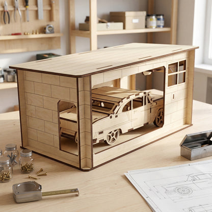 Side view of the laser cut plywood garage showing the model car through a large wall cutout. The image emphasizes the internal space and the layered construction of the plywood. Blueprints and hardware jars are visible on the table surface.