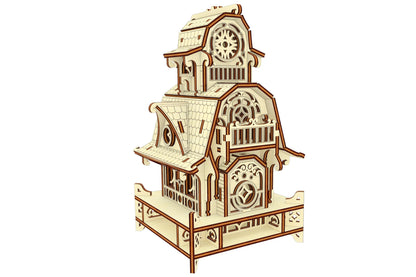 Perspective vector preview of a 3D garden gnome cottage model kit, meticulously crafted from laser cut plywood