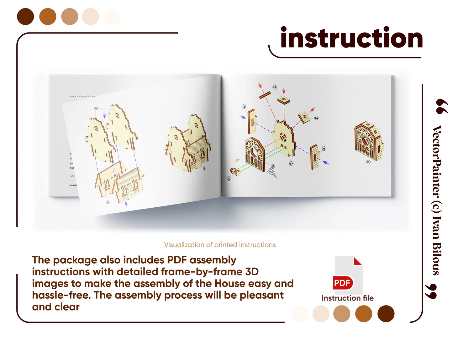 Open page of a booklet detailing 3D assembly steps and component connections for the laser cut plywood house model.