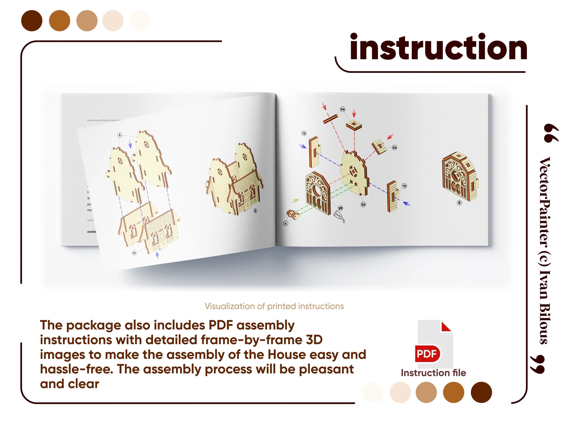 Open page of a booklet detailing 3D assembly steps and component connections for the laser cut plywood house model.