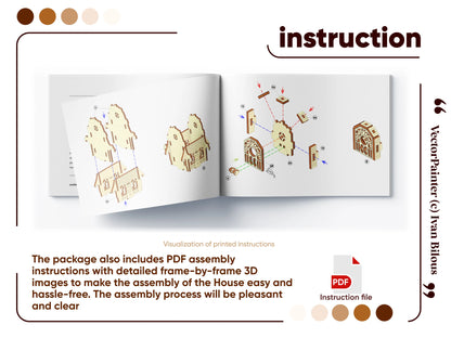 Open page of a booklet detailing 3D assembly steps and component connections for the laser cut plywood house model.