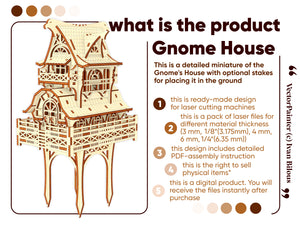 Laser cut wooden model of a Garden Gnome House, showcasing intricate details and multiple layers