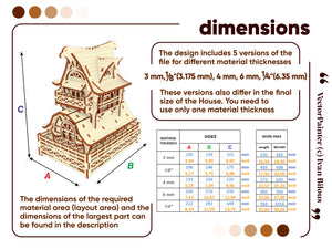 Dimensions of Intricately designed laser cut plan for crafting a Garden Gnome House wooden model with intricate windows and doors